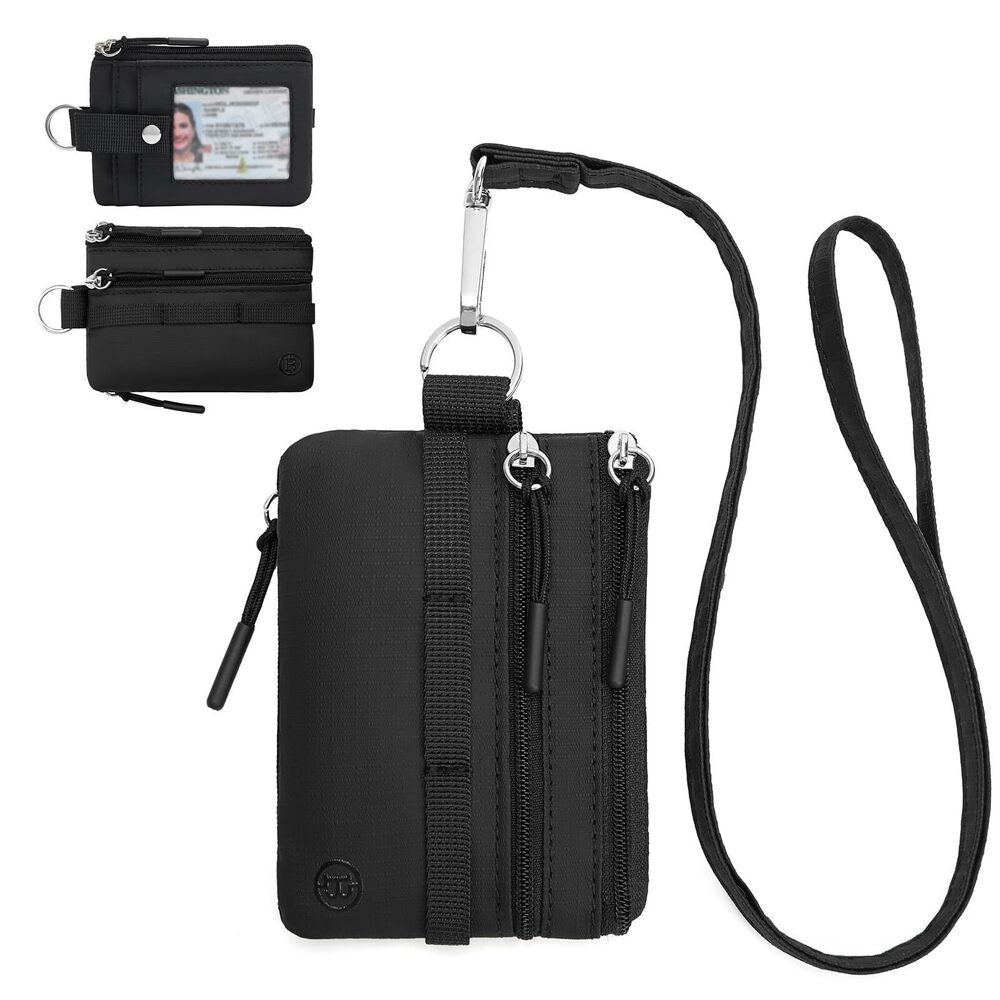 7369 Small Wallet RFID, Minimalist Zip ID Case Wallet with Lanyard